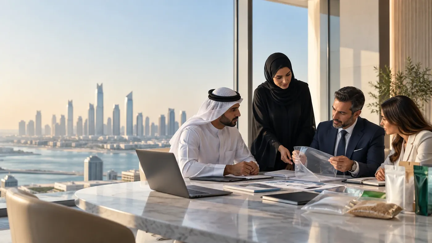 Industry leaders reviewing flexible-packaging samples in a GCC boardroom
