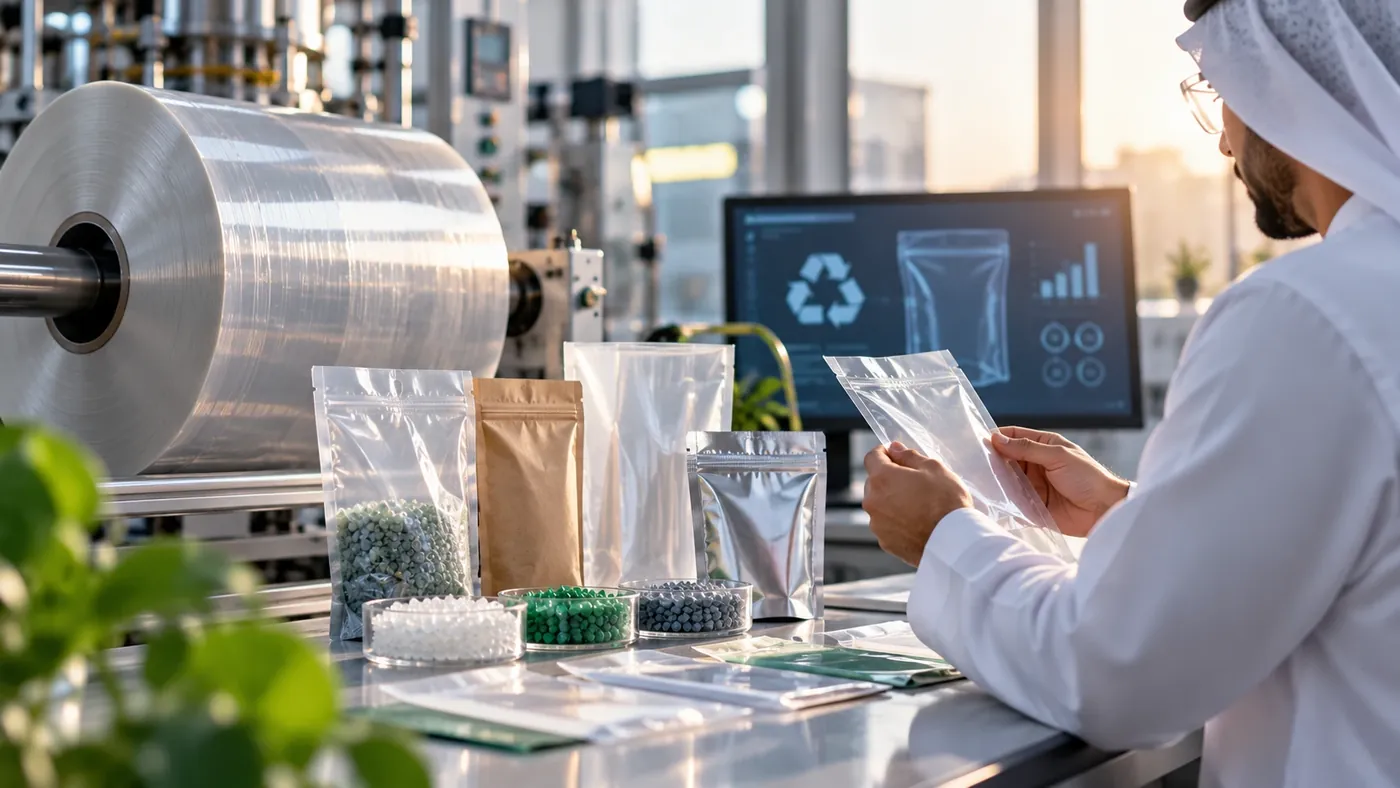An FPA GCC member reviewing recyclable flexible-packaging formats at a Gulf production line