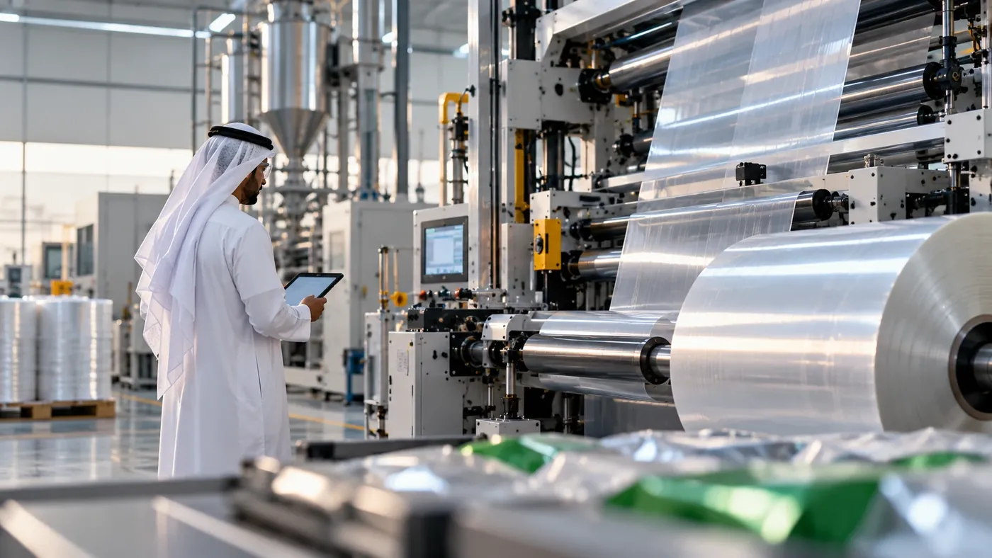 An operator at a flexible-packaging film line in the GCC
